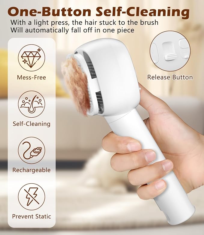 3-In-1 Cat Steam Brush for Shedding, One-Touch Release - Rechargeable - Self Cleaning Comb for Indoor Cats, Anti-Static Grooming Brush for Long and Short-Haired Cat/Dog, White