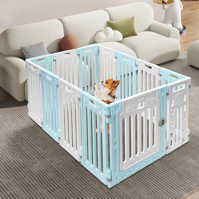 26" H Dog Playpen, 13 Panels Pet Pen with Door Heavy Plastic Pet Safety Fence for Small Medium Pets Puppy Playpen Indoor with Suction Cups Flexible Installation 40.6" X 53.5" X 25.6" (Blue)