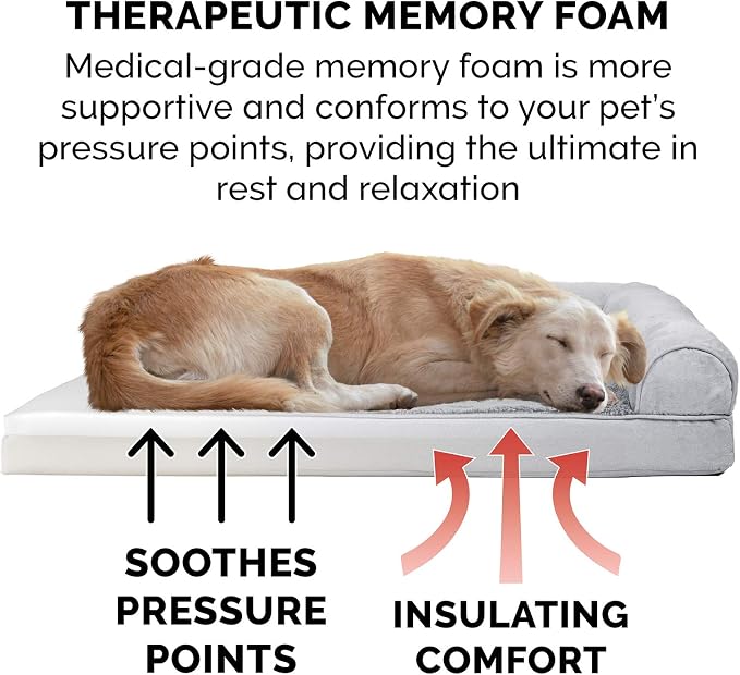 Furhaven Memory Foam Dog Bed for Large Dogs w/ Removable Bolsters & Washable Cover, For Dogs Up to 125 lbs - Plush & Suede Sofa - Gray, Jumbo Plus/XXL