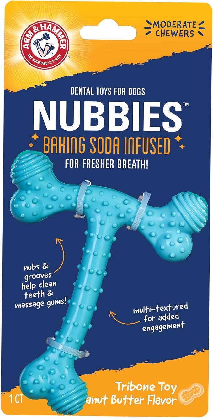 Arm & Hammer Nubbies T-Bone Dental Dog Chew Toy, Peanut Butter Flavor | Durable nylon and TPR nubs clean teeth and gums, built for aggressive chewers