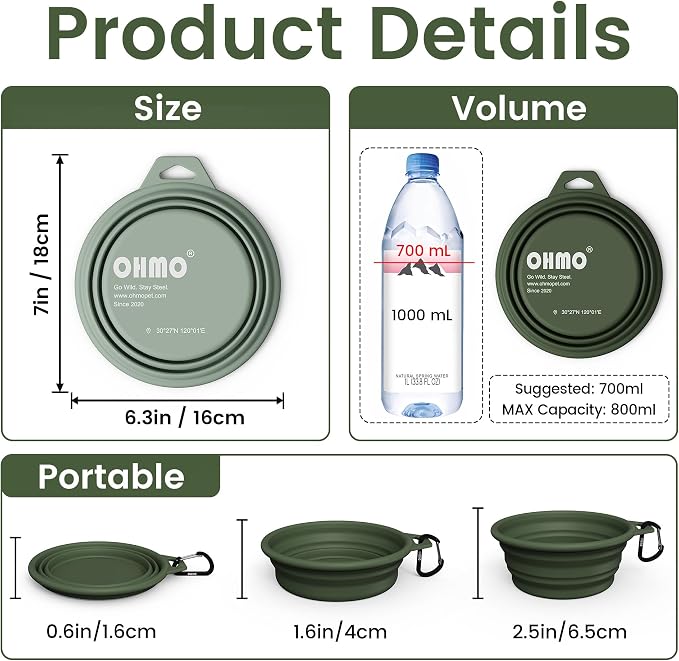 OHMO Collapsible Dog Water Bowls with Steel Ring, 2 Pack, Large 27oz/800ml