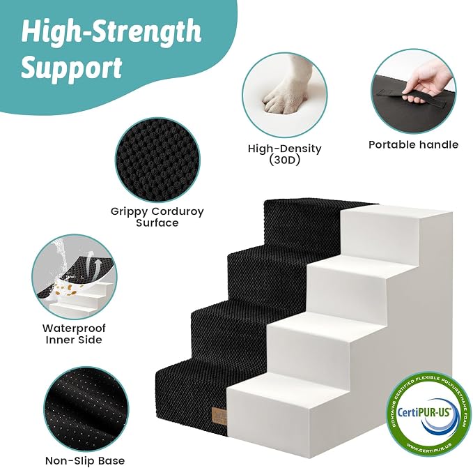 COZY KISS Dog Stairs for Small Dogs, 4 Step Pet Stairs for Beds & Couches | 17.7" H Non-Slip Dog Steps for Bed, Wider for Puppies, Senior Cats, and Small to Medium Dogs, 15.7x23.6x17.7 in, Black