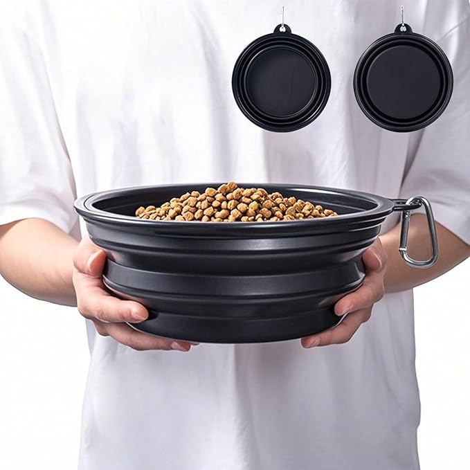 Extra Large Dog Bowl Collapsible, 2 Pack, with Carabiners, Jumbo, Black+Black