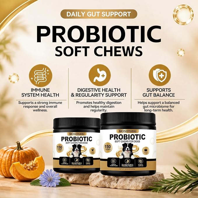 Probiotics for Dogs - Gut Health, Immune Support, Diarrhea, Gas & Constipation Care | with Prebiotics, Digestive Enzymes & Pumpkin - Dog Probiotic Soft Chews, 150 Count