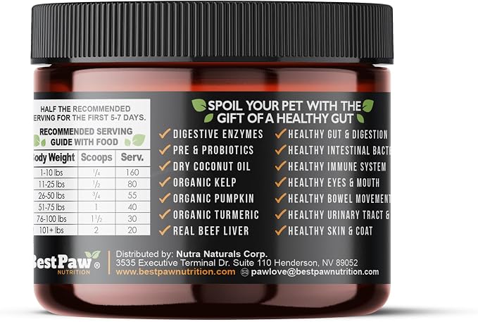 Best Paw Nutrition Probiotics for Dogs | Digestive Enzymes and Probiotics Powder | Beef Liver Flavor | Pumpkin, Turmeric and Prebiotic FOS | Gut Health Food Topper for Dogs and Cats | 6.5oz