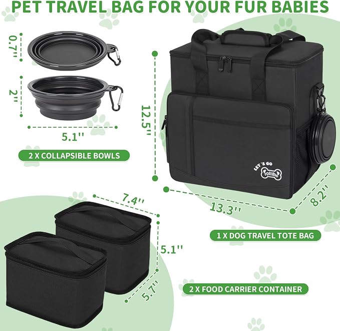 TORIBIO Dog Travel Bag,Large Pet Travel Bag for Supplies with 2 Food Container and Collapsible Bowls,Dog Travel Supplies Organizer Kit for Weekend,Road Trips,Camping