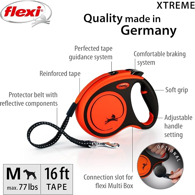 FLEXI® Xtreme Tape Retractable Dog Leash, Medium, 16 ft - Orange/Black | German engineered, original flexi leash, durable quality for dogs up to 77 lbs, tangle-free, walking, reliable brake system