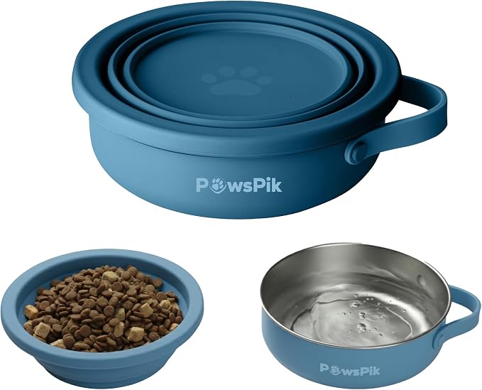 PawsPik 2-in-1 Travel Dog & Cat Bowl, Stainless Steel & Silicone, Midnight Summit Blue