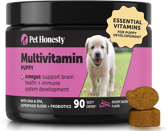 Puppy Vitamins and Supplements Multivitamin Chews - DHA Omega 3 Fish Oil + Probiotics for Growth, Brain Development, Immune Support, Sensitive Stomach, Heart Health (Hickory Bacon, 90 Ct)