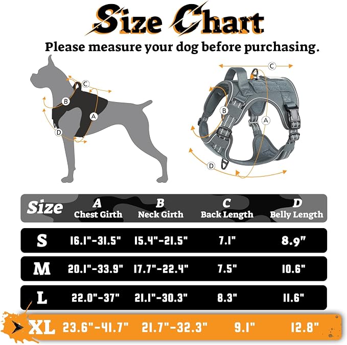 rabbitgoo Tactical Dog Harness for Large Dogs, No Pull Service Pet Vest | Military Molle System & Easy Control Handle, Adjustable and Reflective for Walking and Training, Grey, X-Large