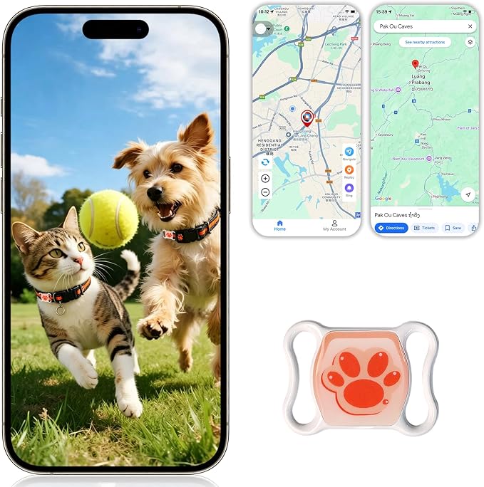 Pet GPS Tracker for Dogs & Cats No Monthly Fees No SIM Card iOS & Android | Stay Informed with 1-Minute Location Updates, Adjustable Collar Included, 1-Year Battery, IPX7 Waterproof