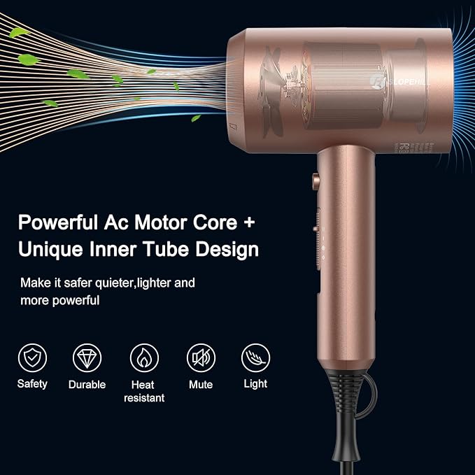 slopehill Professional Ionic Hair Dryer, Mocha Mousse | 1800W Fast Drying, Low Noise, 2 Concentrator Nozzles, 1 Diffuser Attachment, Home Salon Travel