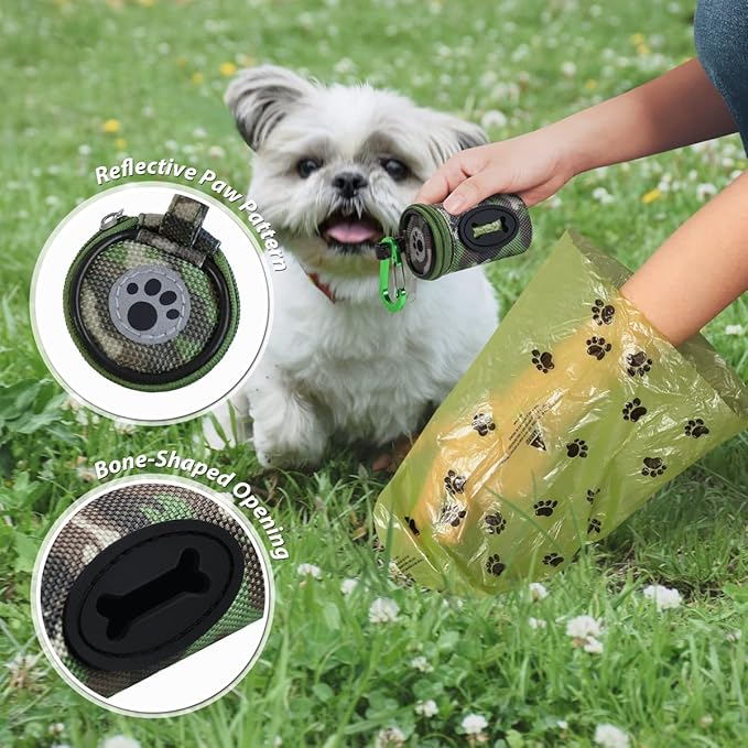 FURHAB Dog Poop Bag Holder for Leash Doggie Waste Bag Dispenser Puppy Potty Carrier Small Doggy Zipper Pouch with Carabiner Clip 1680D Nylon Oxford with 1 Roll of Pet Trash Bags, Woodland Camo