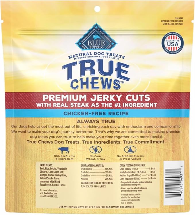 Blue Buffalo True Chews Premium Jerky Cuts with Real Steak, Chicken-Free Natural Dog Treats, Mineral-Enhanced for Flavor, 20 oz. Bag