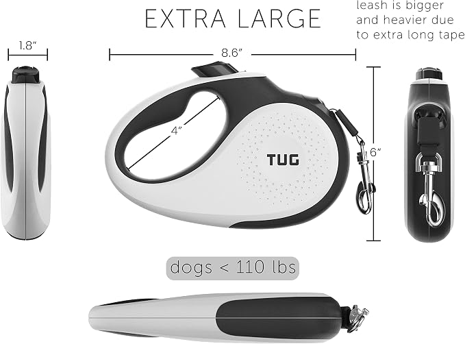 TUG XL Retractable Dog Leash, 26 ft (Extra Large, White) | 360° Tangle-Free Retraction, 26 ft Tape, Quick Thumb Lock, Anti-Slip Handle, For Dogs Under 110 lbs