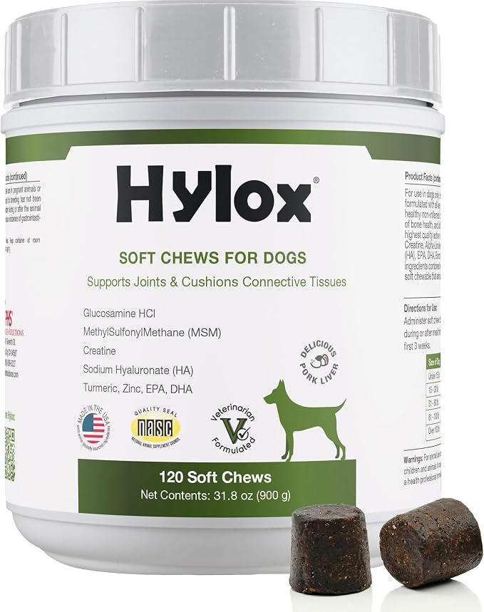 Hylox Soft Chews for Dogs – Joint Support with Glucosamine, MSM, Creatine, Hyaluronic Acid, Turmeric, EPA & DHA – Supports Joints & Cushions Connective Tissues – NASC Certified – 120 Soft Chews