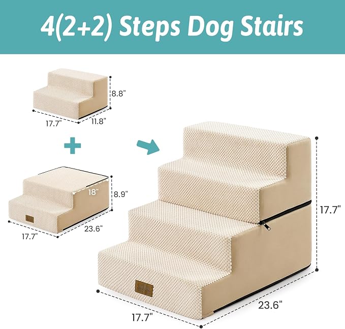 COZY KISS Dog Stairs for Small Dogs, 4 Tier Removable Wider Pet Stairs for Couch and Bed, 17.7" H Dog Steps for Old Cats, Puppy, Small Dogs, 17.7x23.6x17.7 inch, Beige