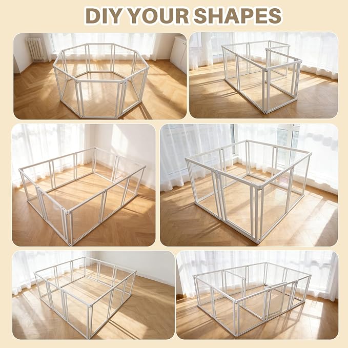 24" H Clear Dog Playpen Indoor, Metal Frame Acrylic Dog Play Pen Cage with Door - 8 Panels, Easy Assemble Pet Fence, DIY Foldable Puppy Pen for Ducks Cat Rabbit Small & Medium Pets- White