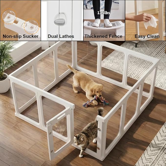 12Pcs Clear Acrylic Plastic Dog Playpen, 23.6“ H Lightweight & Easy Assemble Playpen Divider, Durable Safety Play Pen Indoors, Puppy, Cat, Small Animal(White)