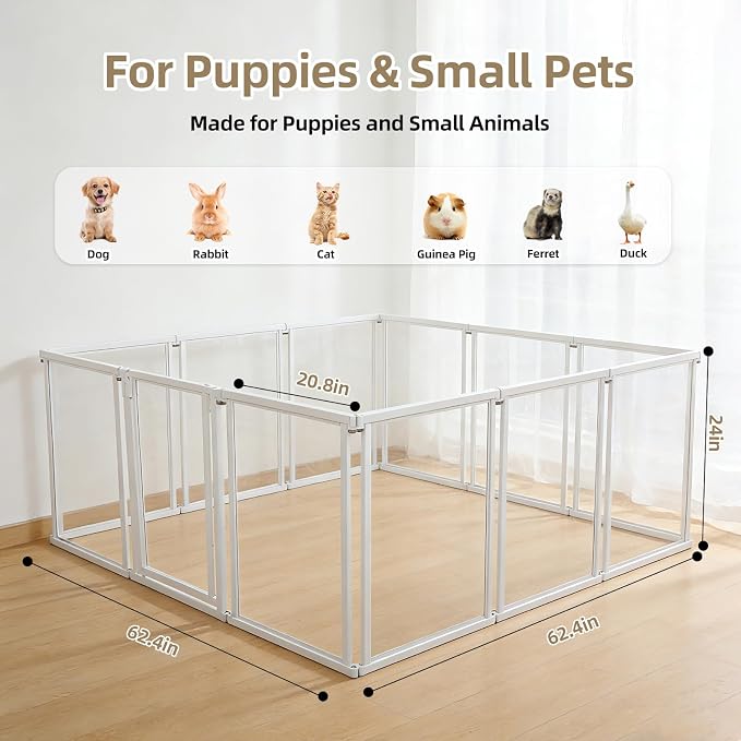NiceTCU 24" H Acrylic Dog Playpen Indoor, Metal Frame Clear Dog Playpen with Door - 12 Panels, Easy Assemble Pet Fence, DIY Foldable Pet Pen for Ducks Puppy Rabbit Small & Medium Pets- 12Pcs White