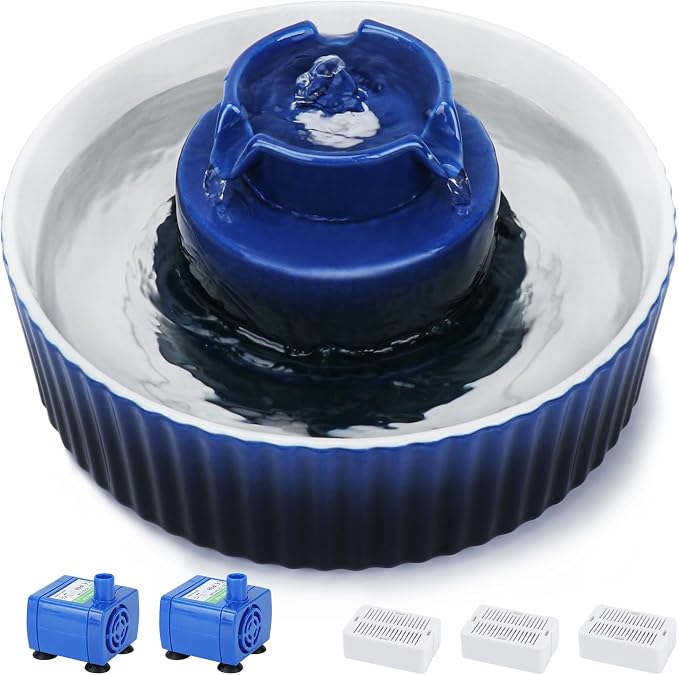 Lawfery Ceramic Cat Water Fountain, 2.1L/71oz Cat Fountain with 3 Carbon Filters and 2 Water Pumps, Cupcake Pet Water Fountain for Cats and Dogs (Dark Blue)