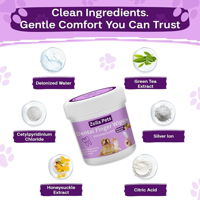 Dental Wipes Peanut Butter Scent – Best Dog Teeth Cleaning, Dog Dental Wipes for Dogs Teeth, Finger Toothbrush for Dogs and Cats, Oral Care, Remove Plaque, Tartar & Bad Breath – 50 Count