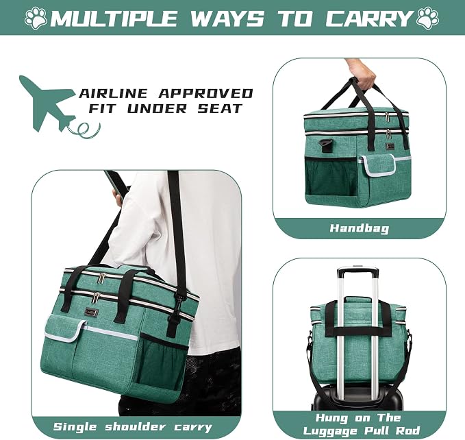 BAGLHER Dog Travel Bag, Double-Layer, with Food Containers & Bowls, Green