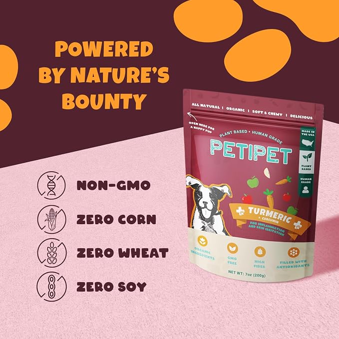 PETIPET Turmeric + Curcumin - Natural, Human-Grade Allergy Relief Soft & Chewy Chews, Hip and Joint Supplement, and Anti-Inflammatory for Dogs