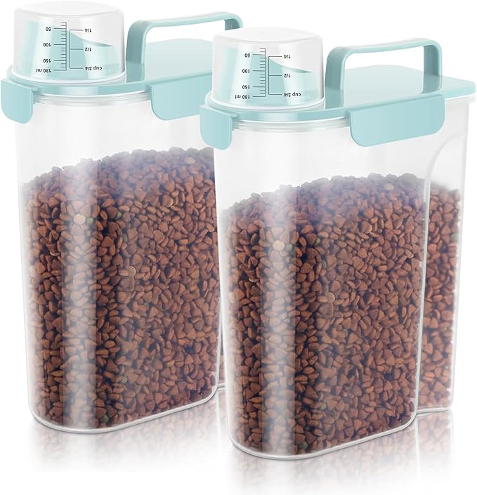 5-7LBS Dog Cat Storage Container Portable with Upgraded Large Spout and Cup, Plastic Pet Food Dispenser for Small Animal Kibble, Bird Seed, Oatmeal, Rice, Flour, Brown Sugart-2 Pack Light blue