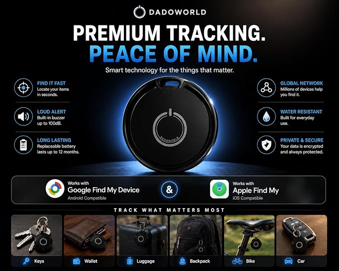 Smart Tag for Android & iPhone, Bluetooth Tracker Works with Google Find My Device & Apple Find My, GPS Item Finder for Keys, Wallet, Luggage & Pets, Loud Alarm, Replaceable Battery by DadoWorld