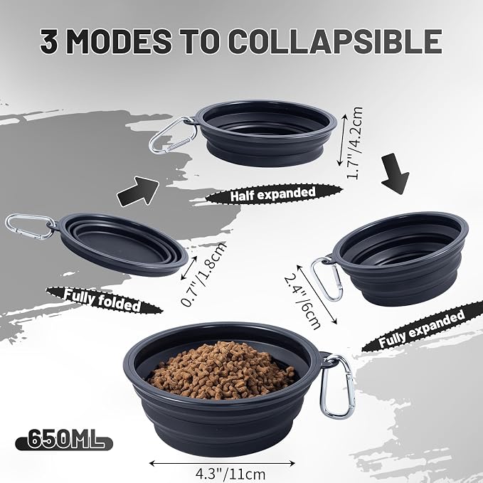 Dog Bowl Collapsible, 2 Pack, with Carabiners, Medium, Black+Black