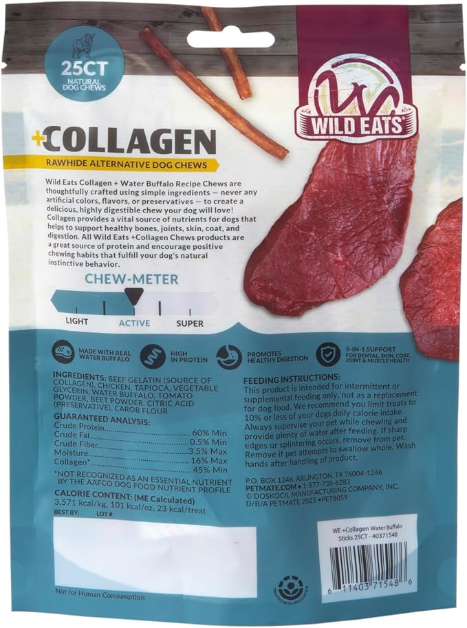 Wild Eats Water Buffalo Collagen Sticks for Dogs (25 Pack, 0.6 cm Wide) Long Lasting Dog Chews, No Hide Dog Treat Bully Stick Alternative, Rawhide Free, Grain Free, High Protein