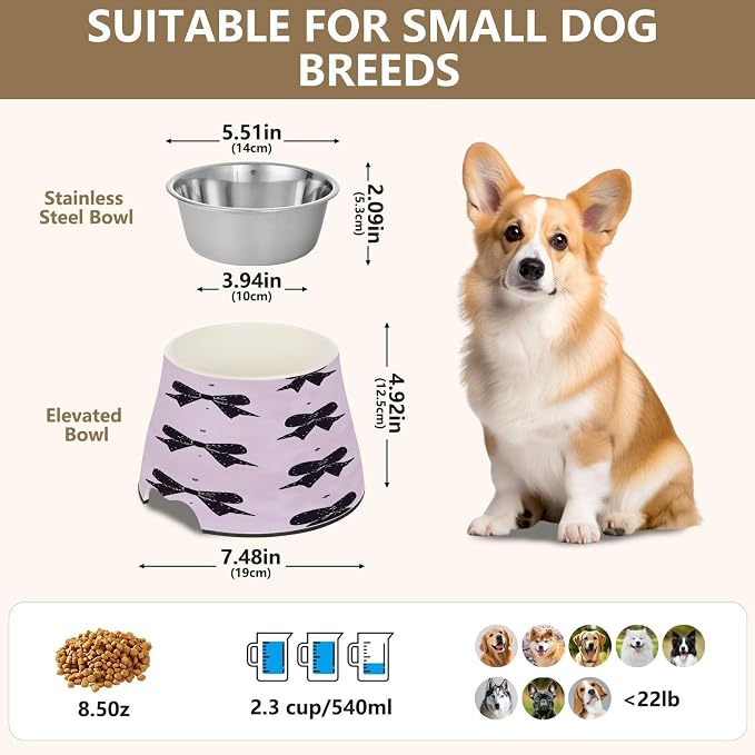 Blueangle Elevated Dog Bowls with Stainless Steel - Non-Slip 2.3 Cup High Capacity Pet Dish for Spinal Health & Black Bows Design（280）