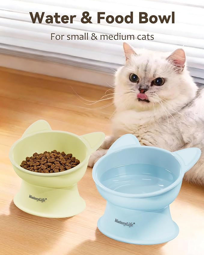 MateeyLife Elevated Cat Bowls, 2P Raised Food and Water Bowl Set for Indoor Cats & Small Dogs, Whisker Fatigue Cat Bowl, Anti Vomit Feeding Pet Bowls, 6 oz Each, Dishwasher Safe - Blue & Yellow