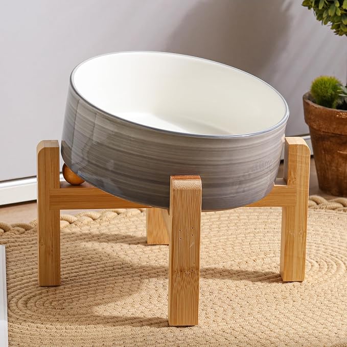 Elevated/Raised 15°Tilted Anti Slip Ceramic Dog Bowl for Small/Medium Breeds,Slanted Bulldog Big Face Pet Food Water Feeding Dish with Stand for Cats and Dogs (3.6 Cups/28 OZ) Grey White