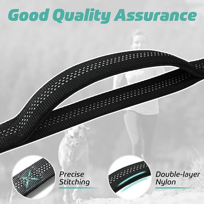 rabbitgoo Tactical Dog Leash, Heavy Duty Training Bungee Lead | Military Leash with 2 Padded Control Handles for Medium Large Dogs, No Pull for Shock Absorption, Reflective, Black, 5.2FT