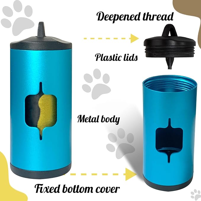 Metal Dog Poop Bag Holder 2-Pack w/Leash Clip|Durable Scratch-Resistant Aluminum|30 Bags+6 Accessories（Blue）