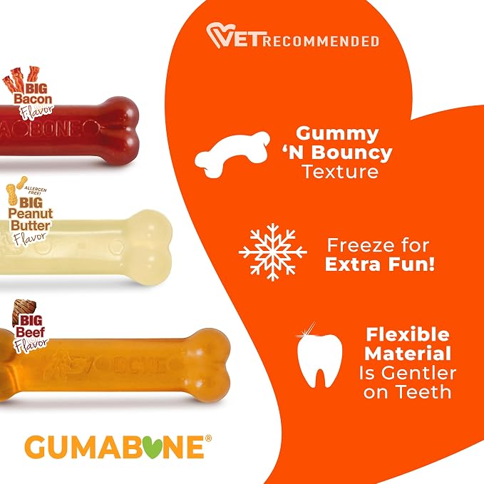 Nylabone Flexi Chew Original Bone Dog Chew Toys, X-Small, 3 Count | Bacon, peanut butter, & beef flavor, dog toys for small dogs up to 15 lbs, flexible, gentle on teeth, great for seniors