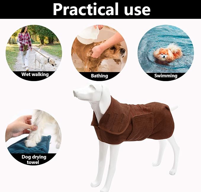 Geyecete Dog Drying Coat - Dog Bathrobe Towel - Microfibre Fast Drying Super Absorbent Pet Cat Bath Robe Towel, Luxuriously Soft - Khaki - S