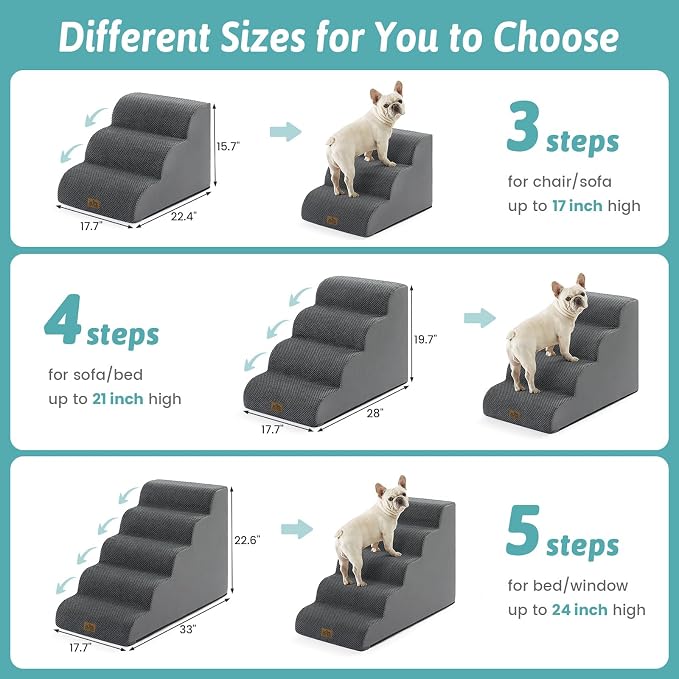 COZY KISS Wide Dog Stair for Small Dog 22.6" H, 5 Step Pet Ramp for Bed | Curved Stable Dog Step for Puppy, Older Cat, Senior, Medium, Short-Legged Dog, Non-Slip Ladder for Car, Dark Grey