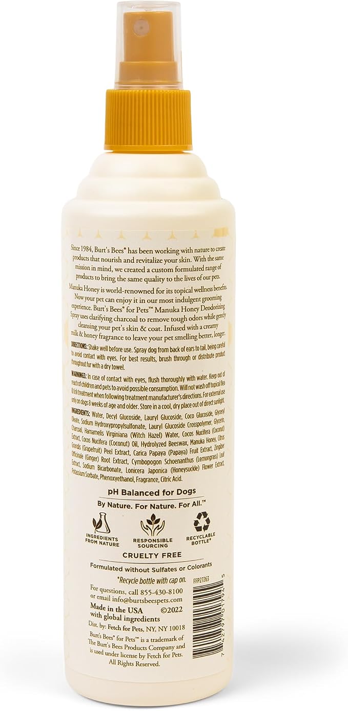 Burt's Bees Manuka Honey Deodorizing Dog Spray, Charcoal, 10 Fl Oz