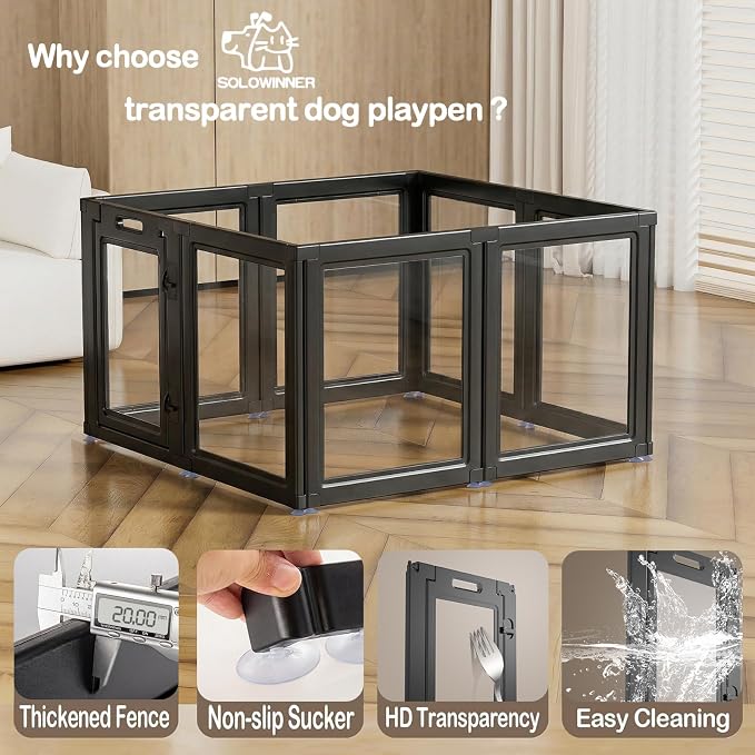 Clear Acrylic Dog Playpen Transparent Dog Playpen Indoor, Easy Assemble Clear Pet Pen for Puppy Bunny Cat Pig, Sturdy & Easy Cleaning Plastic Dog Puppy Fence
