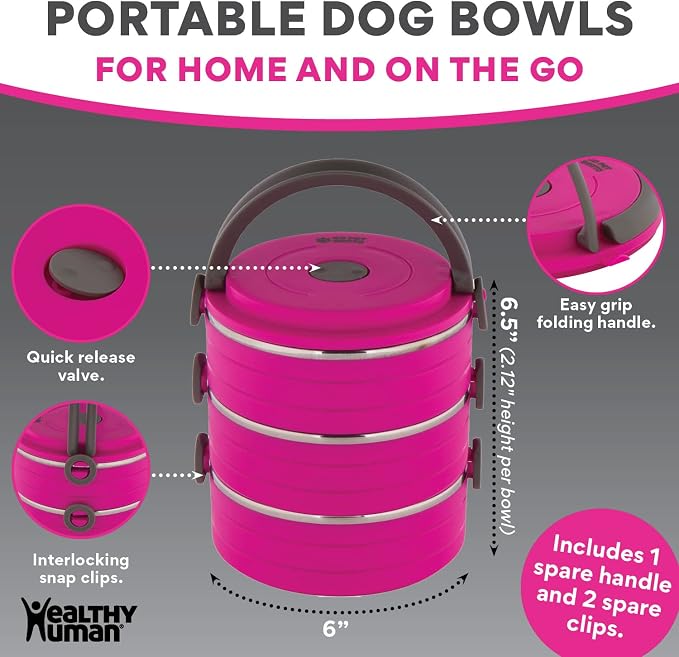 Healthy Human Travel Pet Bento Bowls, 3 Pack, Pink