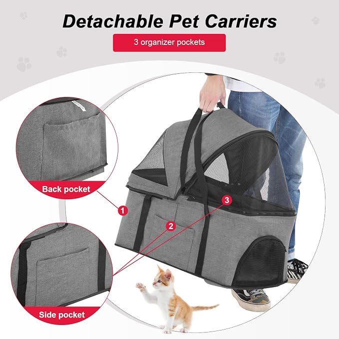 BestPet 4-Wheel Pet Stroller - Grey, Detachable Carrier