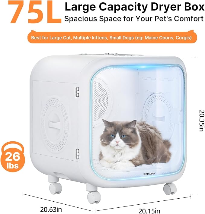 75L Large Automatic Pet Dryer Box for Cats & Small Dogs - App-Controlled, Ultra-Quiet Hands-Free Drying with Smart Safe Temperature & Overheat Protection - Ideal for Multi-Pet Homes