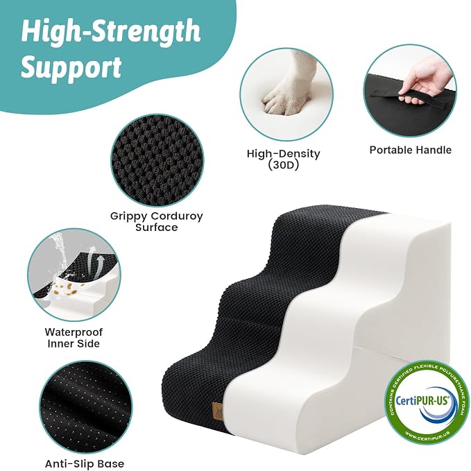 COZY KISS Dog Stairs for Small Dogs, 3-Step 2-in-1 Dog Steps,15.7" H | 3-step dog stairs and ramps for Old Cats, Puppy, Small Dogs,Non-Slip Base,for Couch & Bed, Black