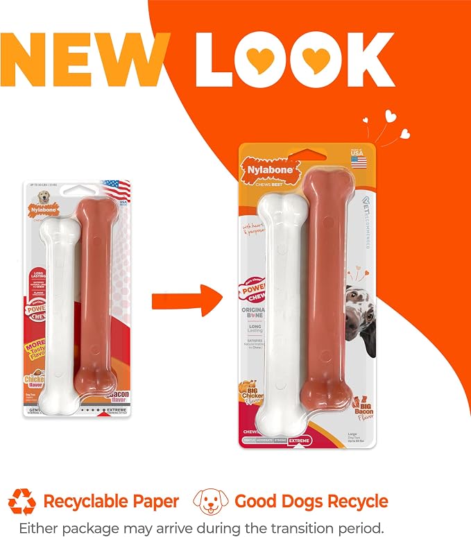 Nylabone Power Chew Original Bone Dog Toys, Chicken & Bacon Flavor, 2 Count | Large breeds, durable chew toys, discourages destructive chewing, long lasting, flavor throughout, for dogs up to 50 pounds