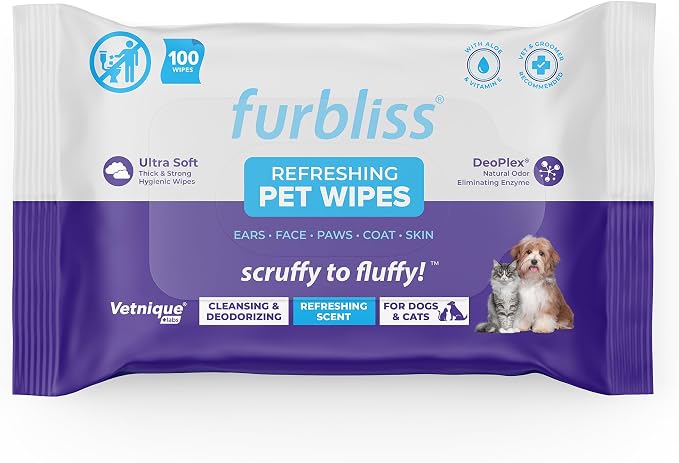 Vetnique Furbliss Hygienic Dog Grooming Wipes, Refreshing Scent, 100 Count