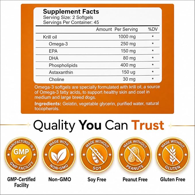 Krill Oil Omega 3 Supplement for Dogs, Allergy & Itch Relief, Skin and Coat Support for Shedding, Softgels for Joint Health with EPA DHA & Astaxanthin, 180 Count