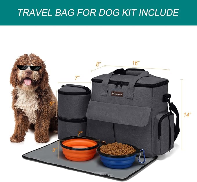 Modoker Airline Approved Pet Travel Bag Weekend Set with Food Containers & Bowls, Dark Gray